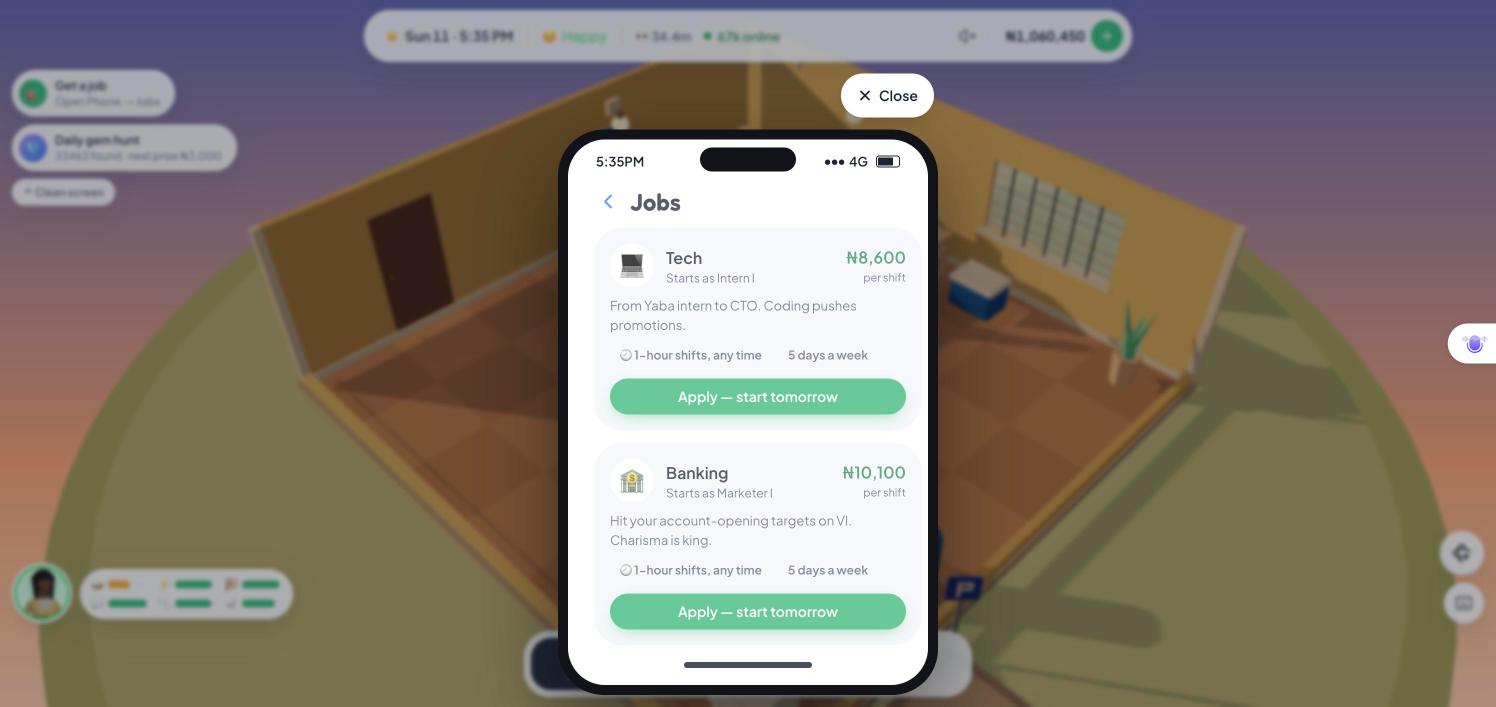 The in-game Jobs app showing Tech ₦8,600 and Banking ₦10,100 per shift